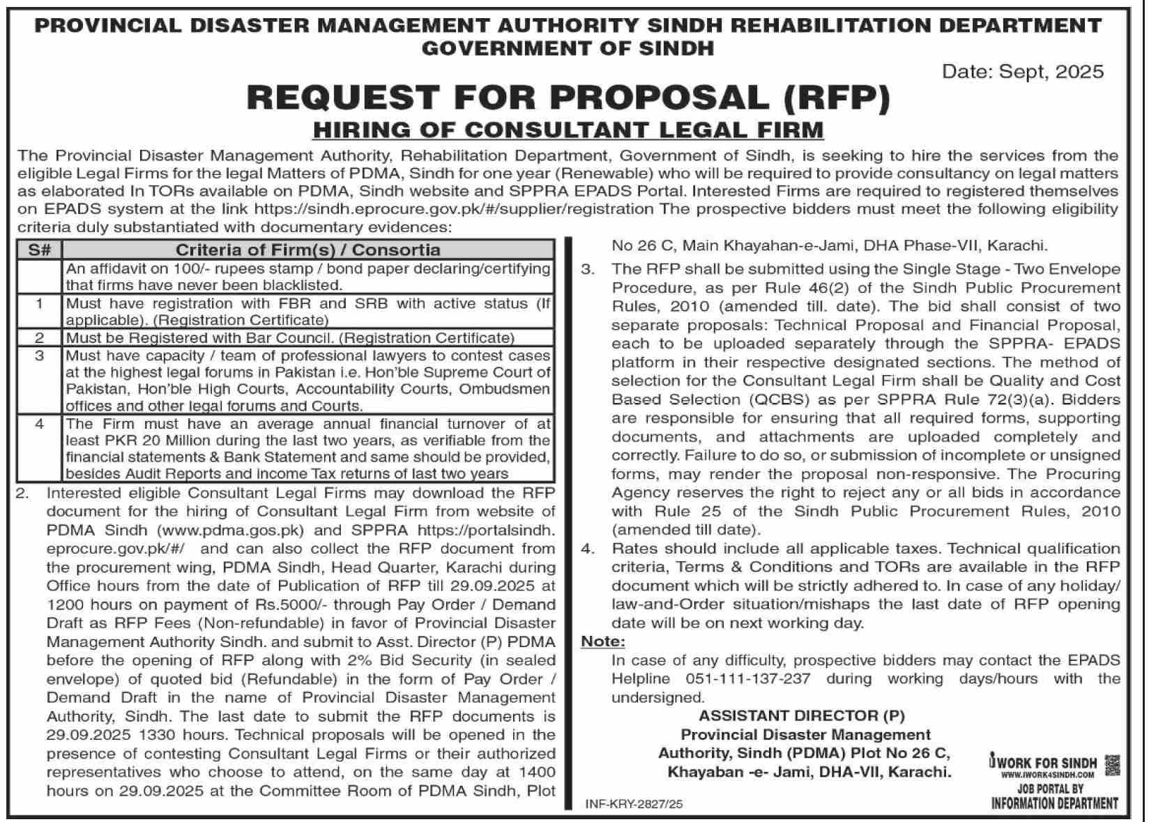 Disaster Management Authority Sindh Tender Notice